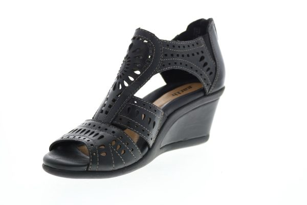 Earth Crown Lazer Cut Womens Black Leather Zipper Wedges Heels Shoes For Cheap - Image 4