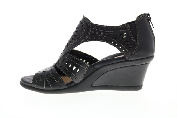 Earth Crown Lazer Cut Womens Black Leather Zipper Wedges Heels Shoes For Cheap - Image 5