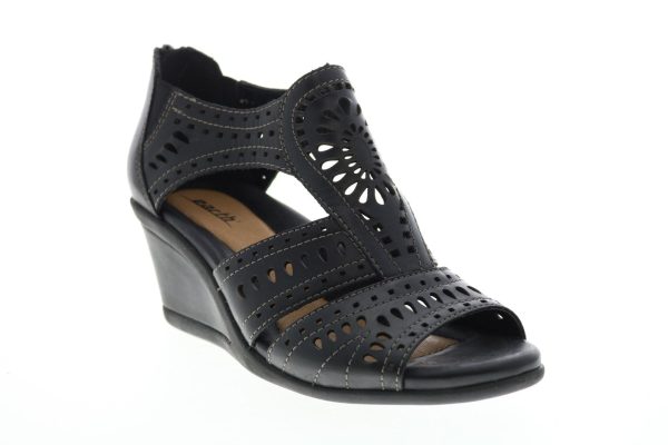 Earth Crown Lazer Cut Womens Black Leather Zipper Wedges Heels Shoes For Cheap - Image 2