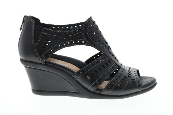 Earth Crown Lazer Cut Womens Black Leather Zipper Wedges Heels Shoes For Cheap