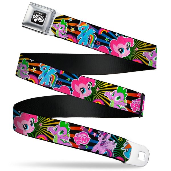 MY LITTLE PONY Title Logo Full Color Black Purple White Seatbelt Belt - My Little Pony Three Ponies and Spike Poses and Rays Black Multi Color Webbing Online now