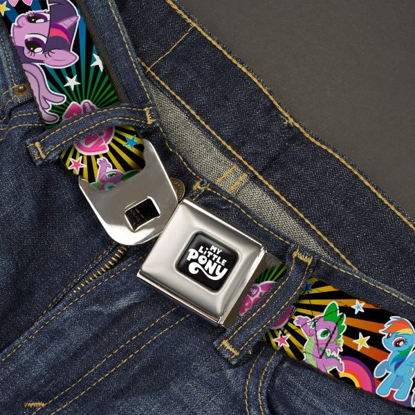 MY LITTLE PONY Title Logo Full Color Black Purple White Seatbelt Belt - My Little Pony Three Ponies and Spike Poses and Rays Black Multi Color Webbing Online now - Image 2
