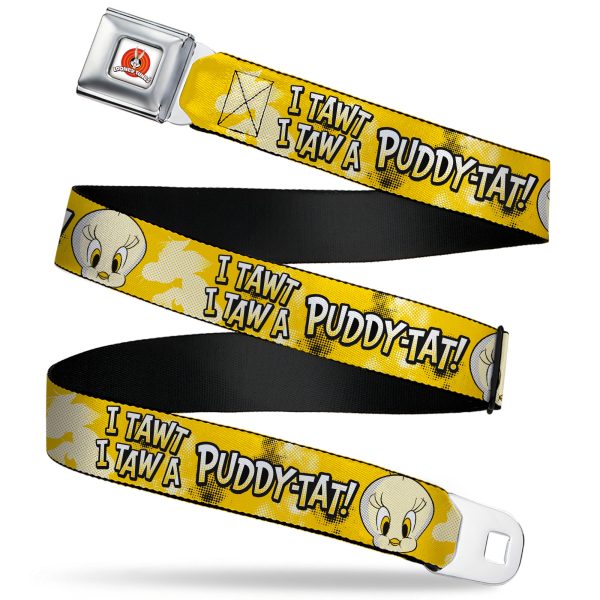 LOONEY TUNES Bullseye Title Logo Full Color White Seatbelt Belt - Looney Tunes Tweety I TAWT I TAW A PUDDY-TAT Expression Yellows Webbing Supply