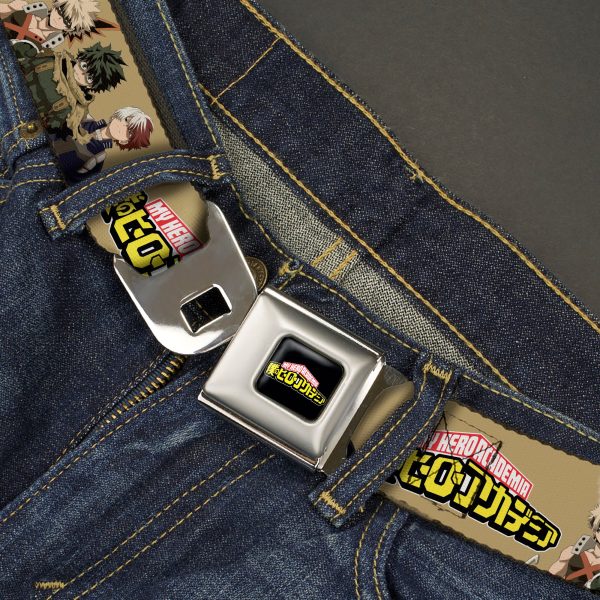 MY HERO ACADEMIA Title Logo Full Color Black Seatbelt Belt - MY HERO ACADEMIA Character Trio Pose and Title Logo Tan Webbing Online - Image 2