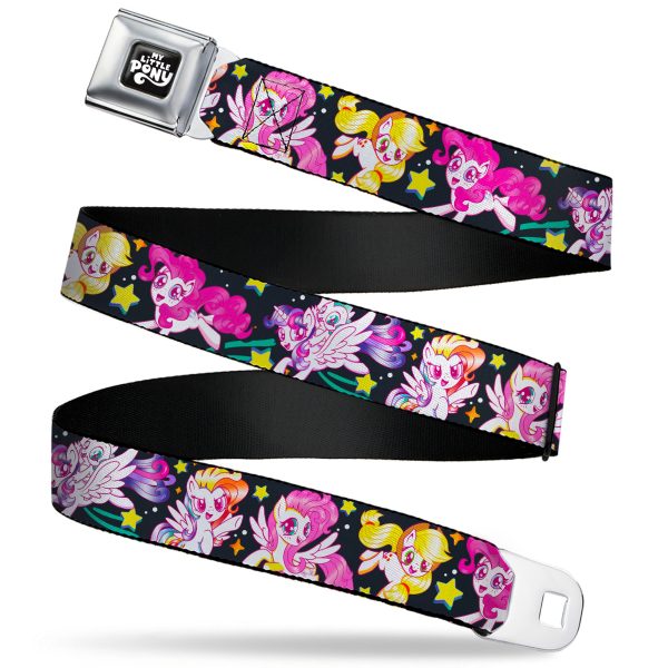 MY LITTLE PONY Title Logo Full Color Black Purple White Seatbelt Belt - My Little Pony Five Retro Pony Action Pose Black Multi Color Webbing For Sale