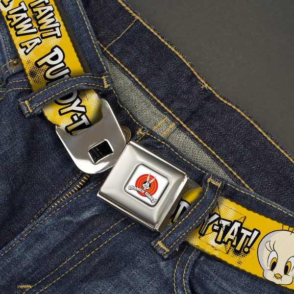 LOONEY TUNES Bullseye Title Logo Full Color White Seatbelt Belt - Looney Tunes Tweety I TAWT I TAW A PUDDY-TAT Expression Yellows Webbing Supply - Image 2